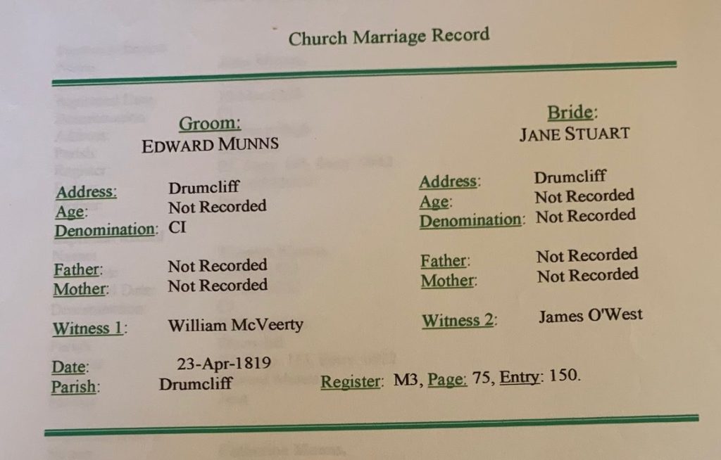 Edward Munns-Jane Stuart Church Marriage Record-1819