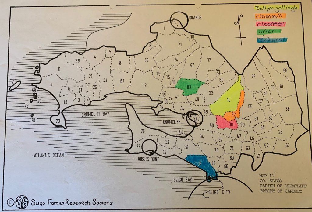 Map of Co. Sligo townlands where Monds/Munds/Munns names appeared in 1858 Griffiths Valuation