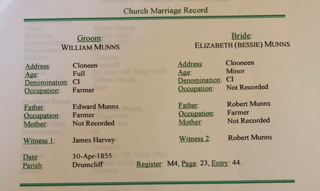 William Munns-Elizabeth Bessie Munns Church Marriage Record-1855